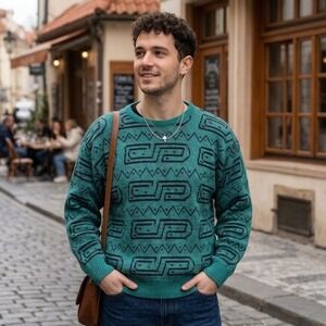 VTG 90s City Streets Mens Medium Teal Black Geometric Knit Sweater Made in USA